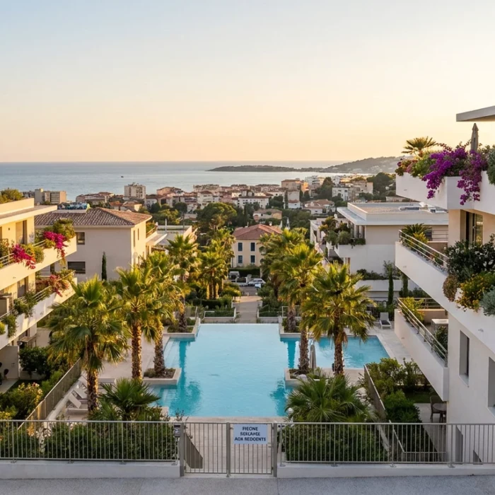 Programme résidentiel neuf sur la Côte d'Azur avec piscine et palmiers