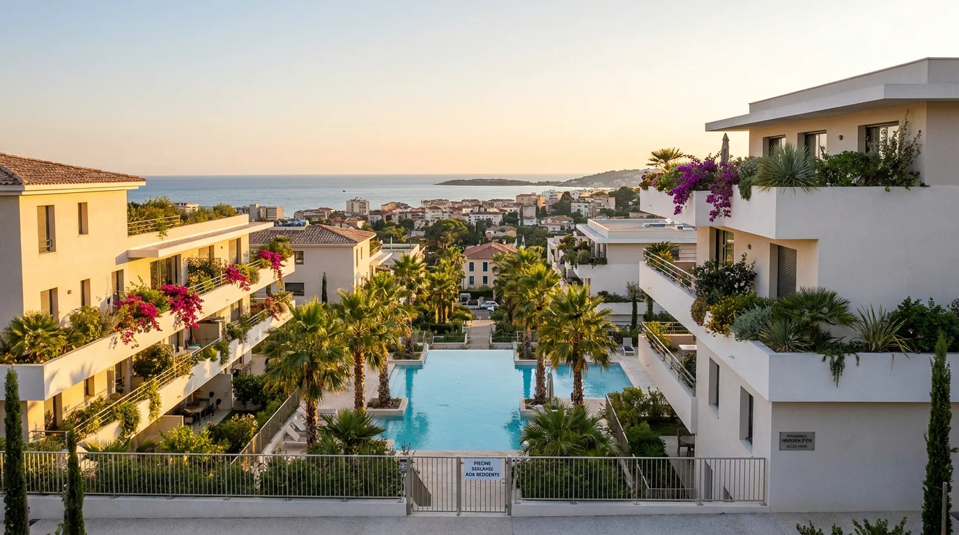 Programme résidentiel neuf sur la Côte d'Azur avec piscine et palmiers