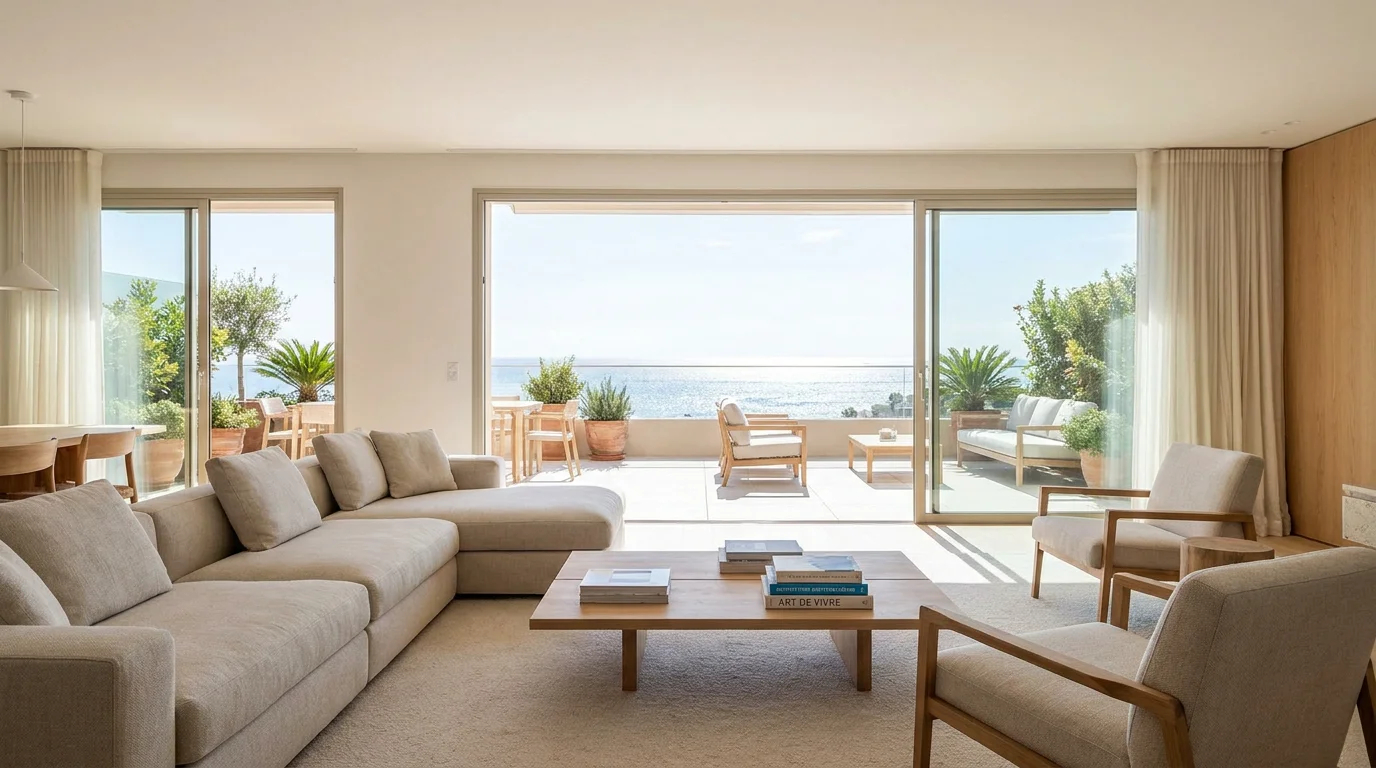 Intérieur d'un appartement neuf avec terrasse et vue mer Méditerranée
