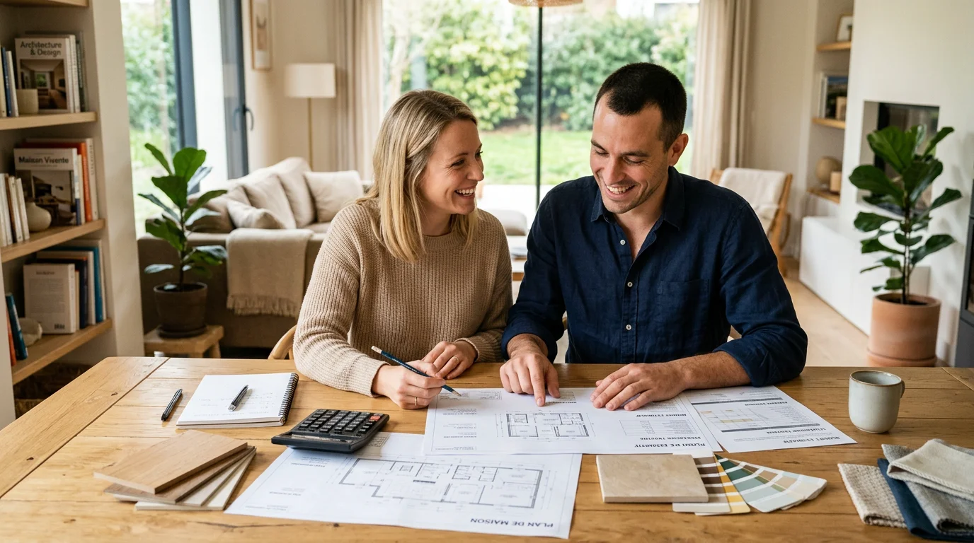 Couple estimant le budget de construction de sa maison individuelle