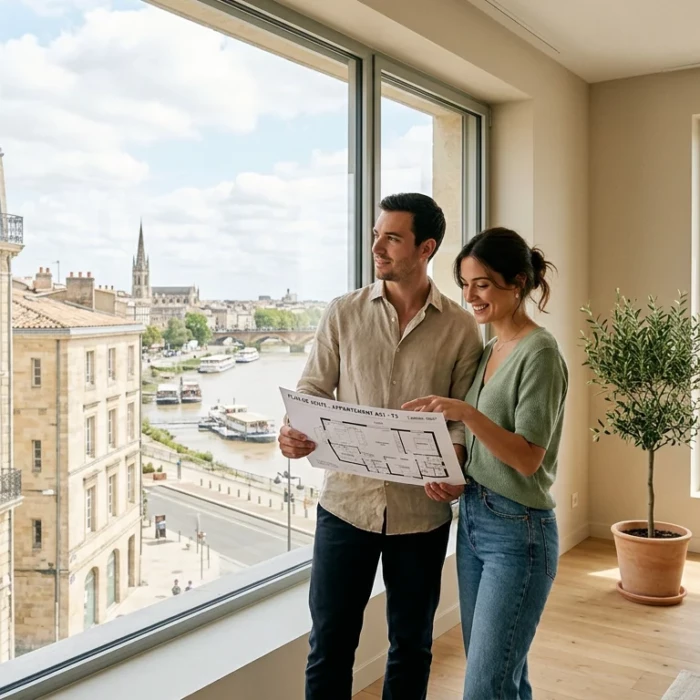 Couple visitant un appartement neuf lumineux à Bordeaux