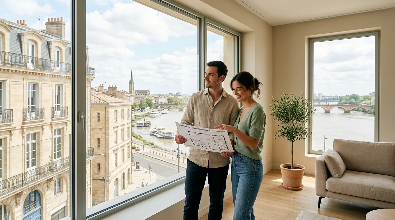 Couple visitant un appartement neuf lumineux à Bordeaux