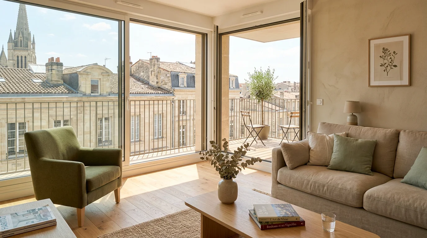 Intérieur lumineux d'un appartement neuf à Bordeaux avec parquet et balcon