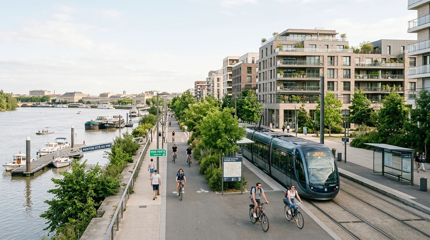 Quartier résidentiel neuf en bord de Garonne à Bordeaux avec tramway