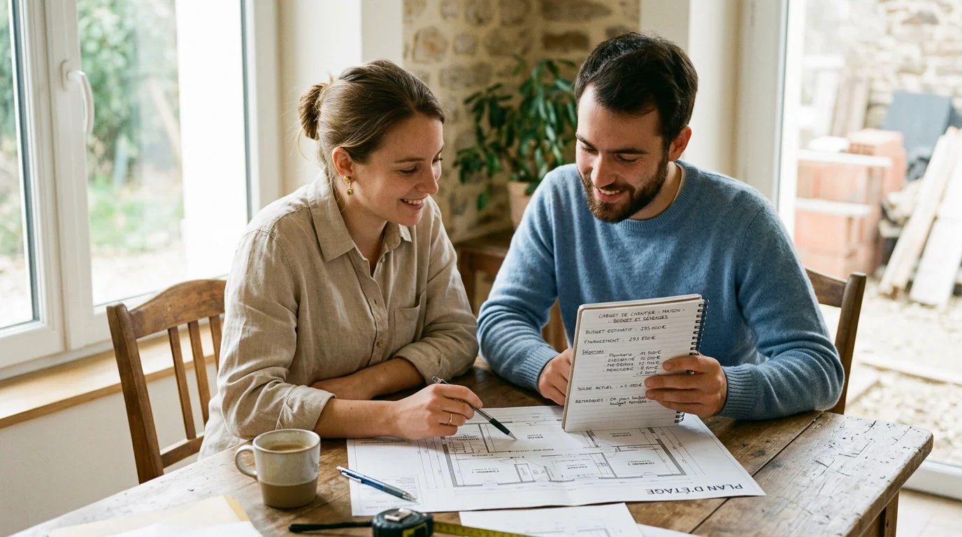 Un couple étudie les plans et le budget de sa future maison