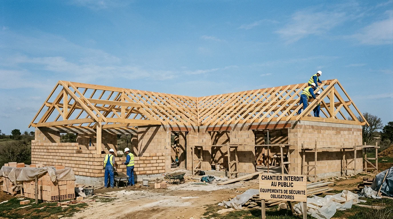 Chantier de construction d'une maison au stade du gros œuvre