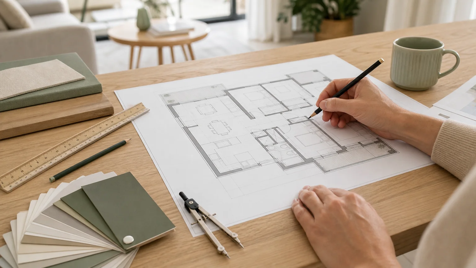 Analyse d’un plan d’appartement neuf avec des outils de mesure et d’orientation