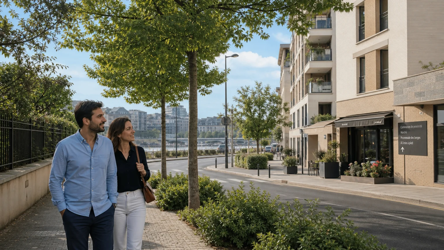 Couple observant un quartier résidentiel neuf à Issy-les-Moulineaux