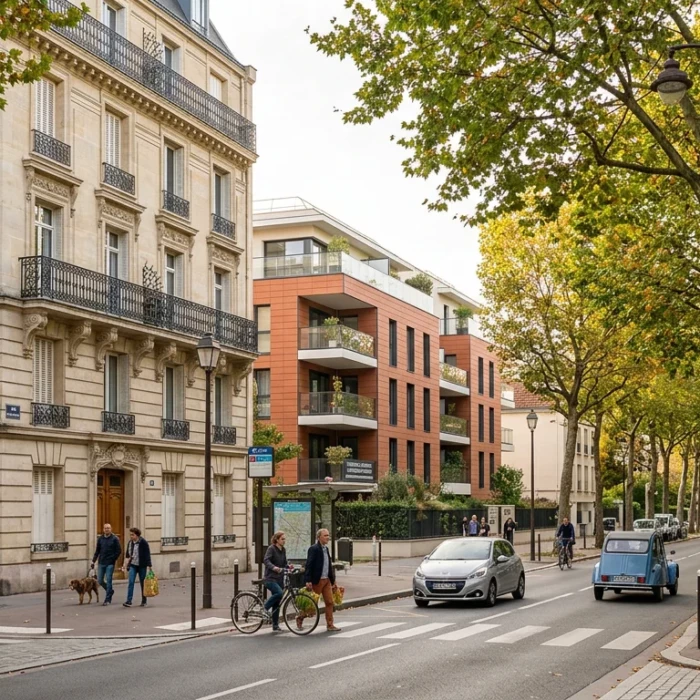 Rue résidentielle avec immeubles à Cachan aux portes de Paris
