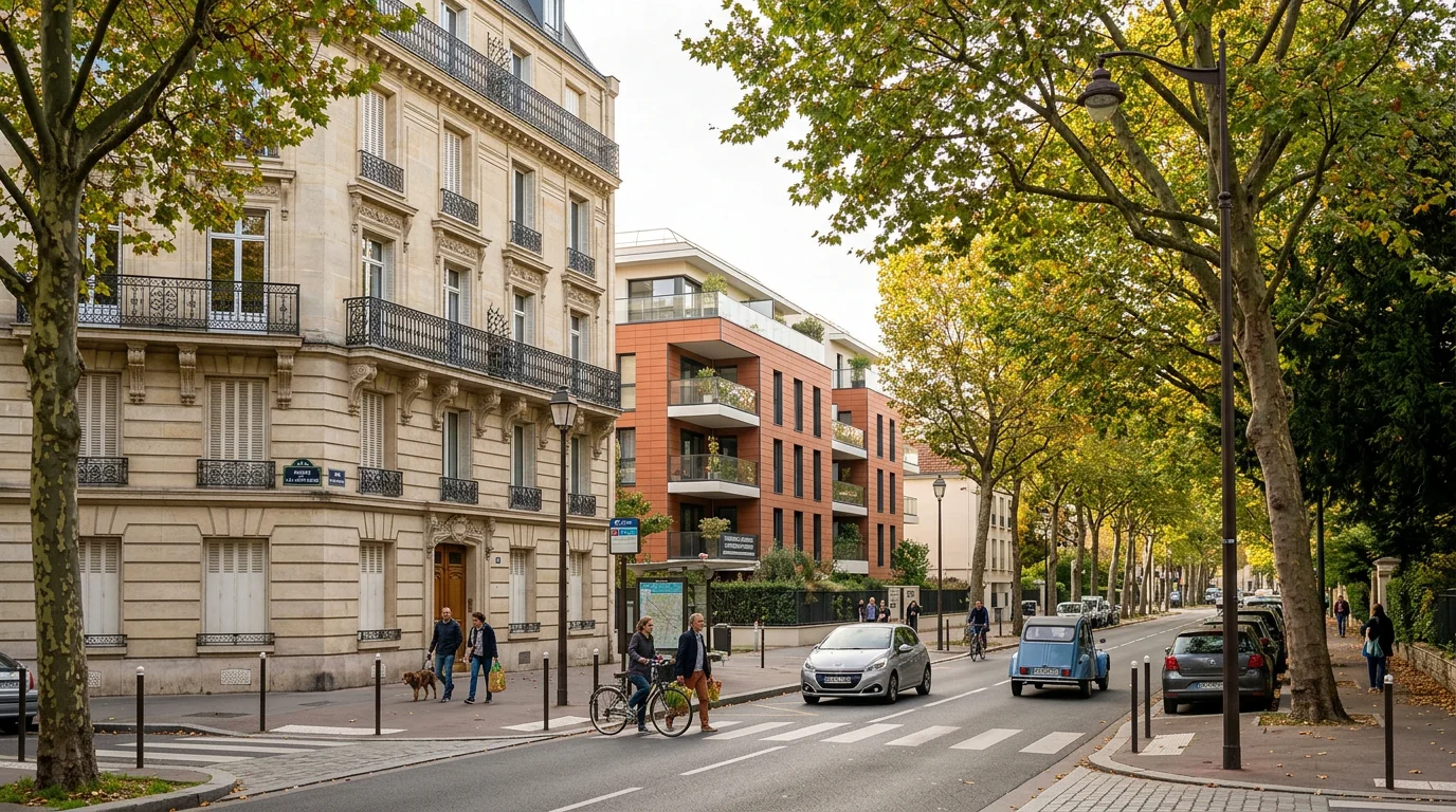 Rue résidentielle avec immeubles à Cachan aux portes de Paris