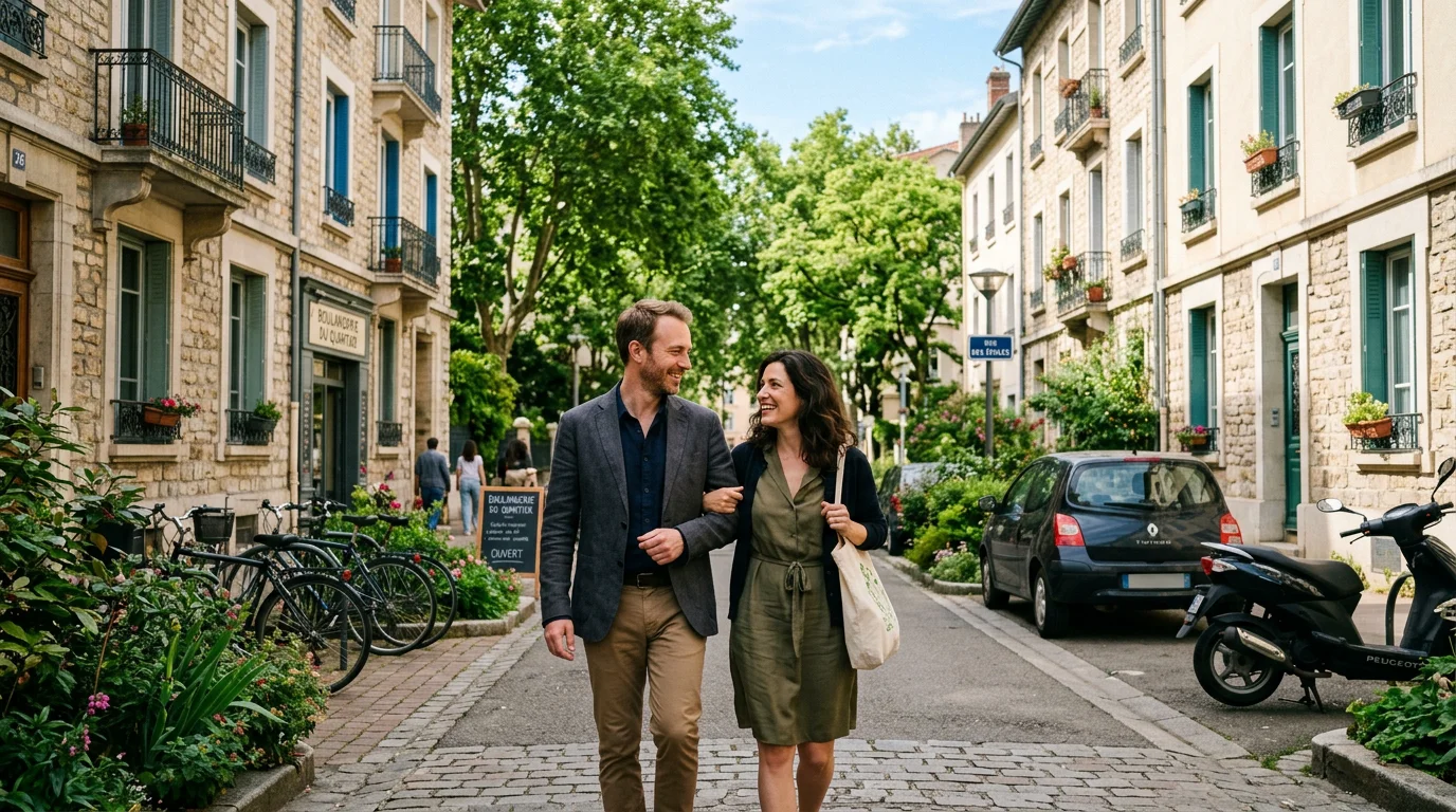 Couple se promenant dans un quartier résidentiel de Cachan