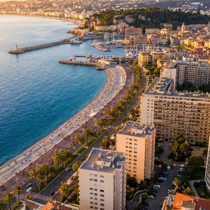 Vue aérienne de Nice avec la Promenade des Anglais et des résidences neuves en bord de mer