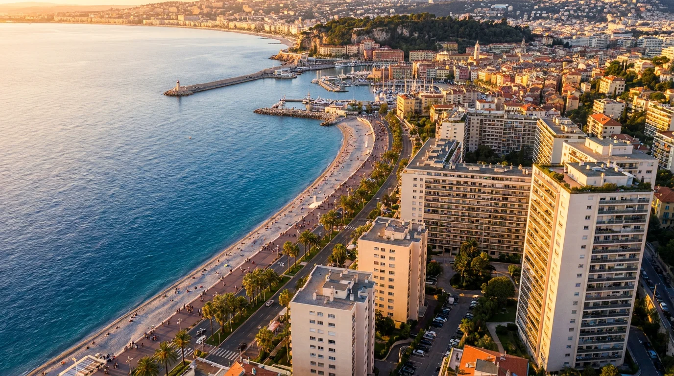 Vue aérienne de Nice avec la Promenade des Anglais et des résidences neuves en bord de mer