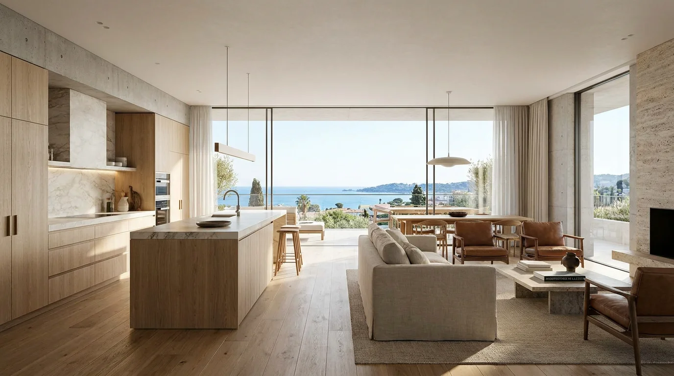 Intérieur moderne d'un appartement neuf avec vue méditerranéenne