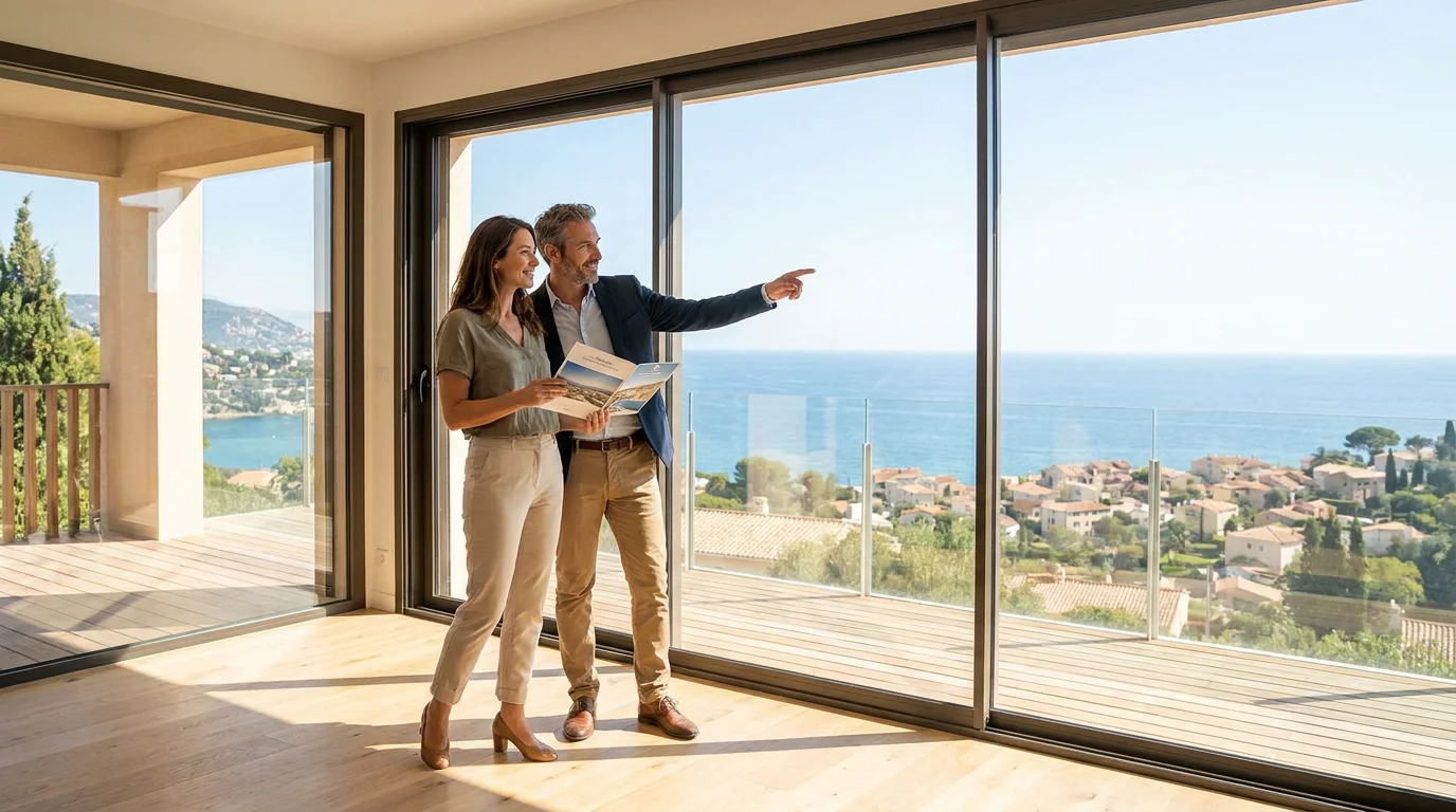 Couple visitant un appartement neuf lumineux avec vue méditerranéenne