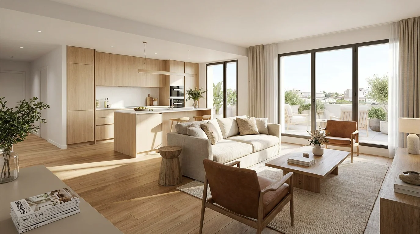 Intérieur d'un appartement neuf à Lattes avec terrasse et cuisine ouverte