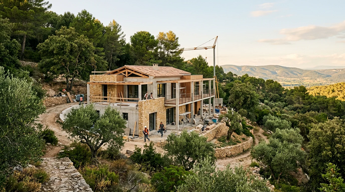 Maison contemporaine en construction sur un terrain en pente provençal