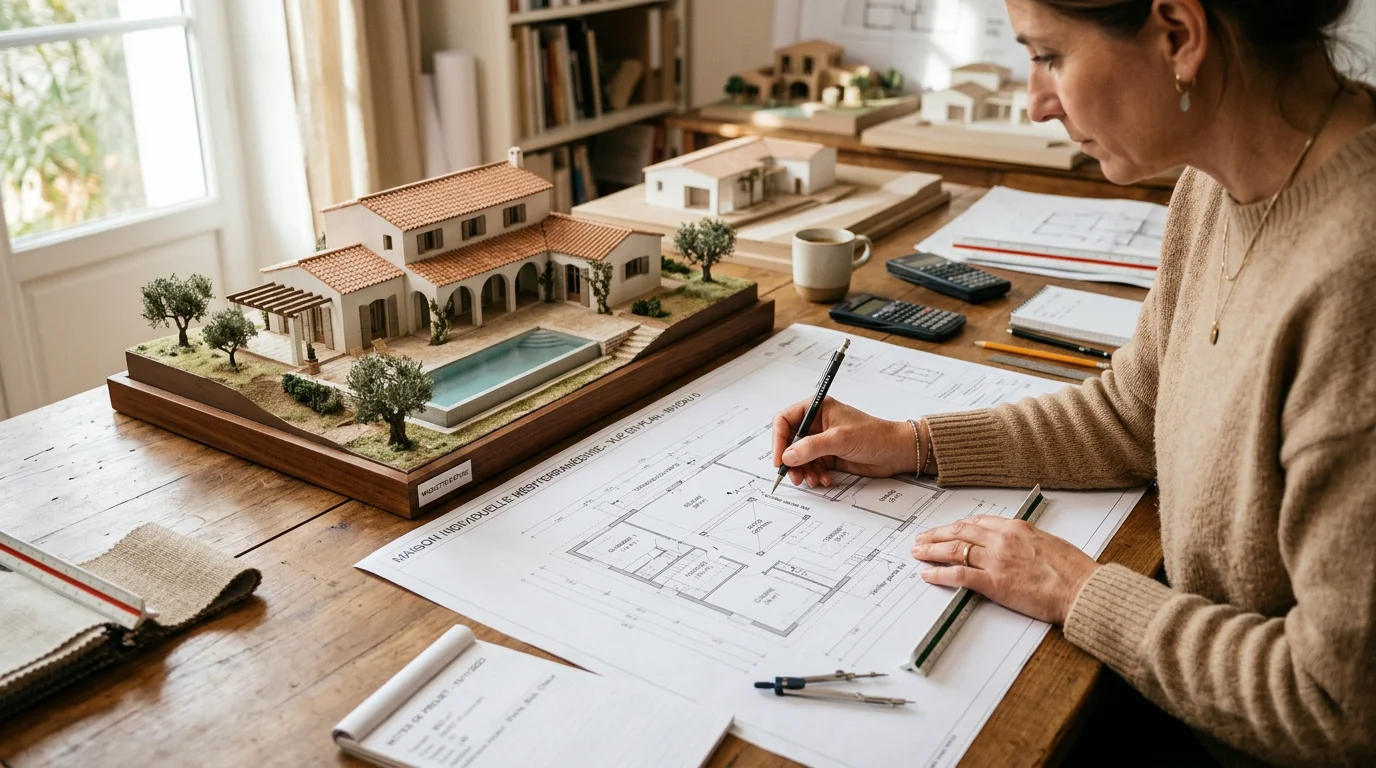 Plans d'architecte d'une maison individuelle sur un bureau