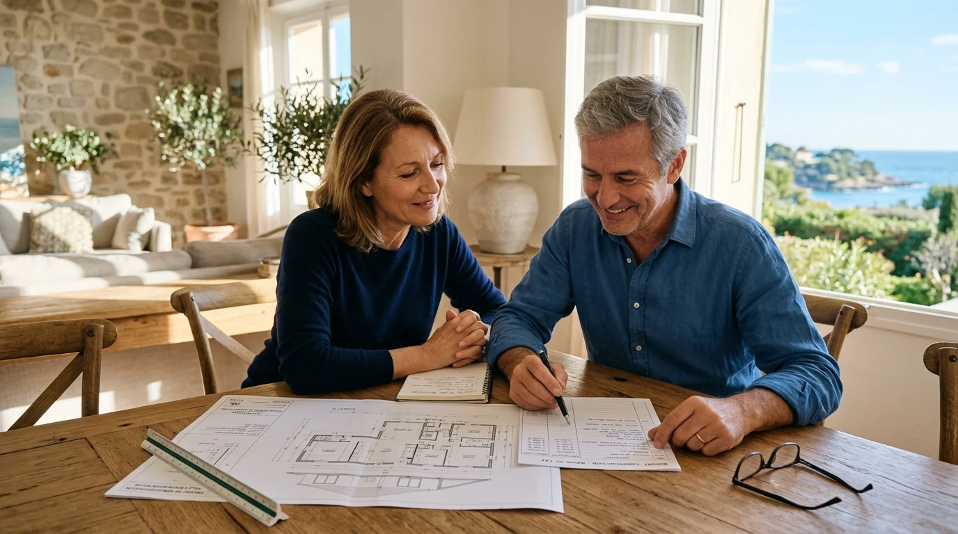 Couple étudiant le budget et les plans de construction de leur future maison
