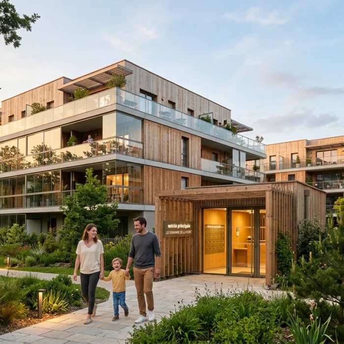 Résidence neuve moderne avec espaces verts et famille à l'entrée