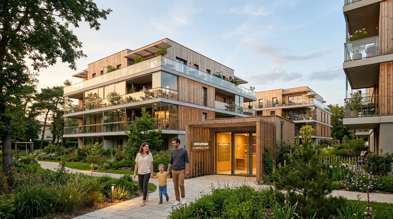 Résidence neuve moderne avec espaces verts et famille à l'entrée