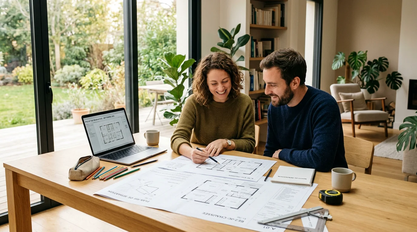 Couple examinant des plans d'un logement neuf sur plan