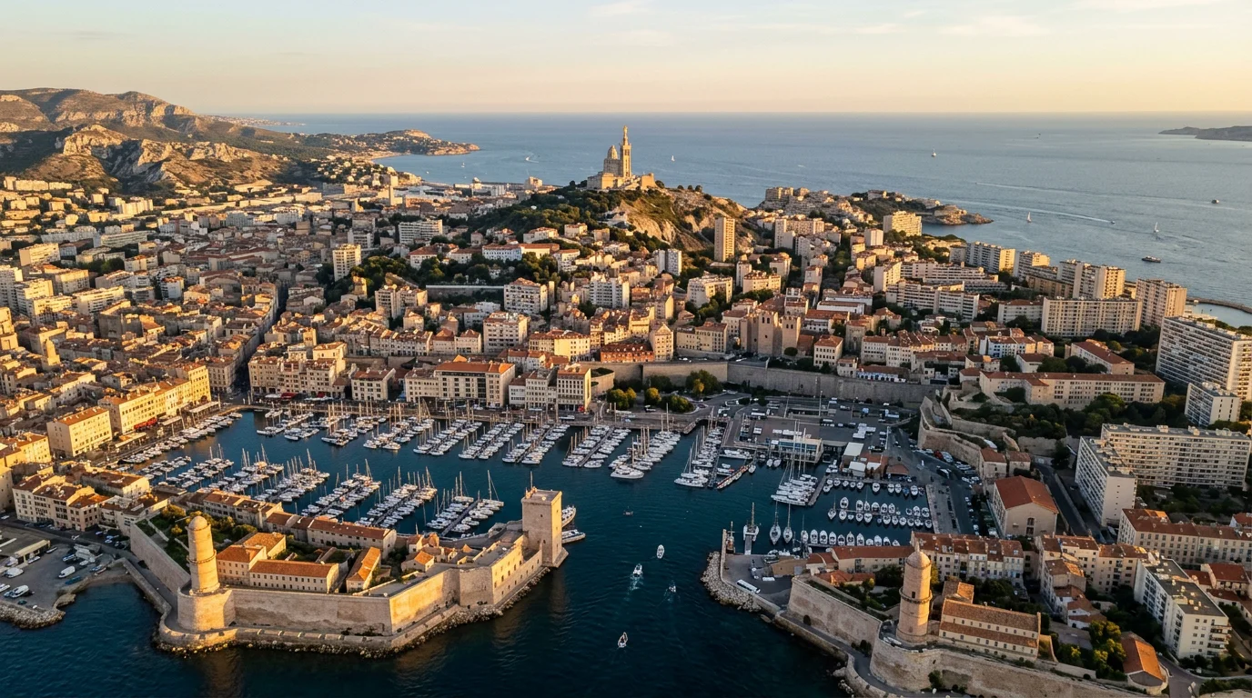 Vue panoramique de Marseille avec ses quartiers résidentiels et le Vieux-Port