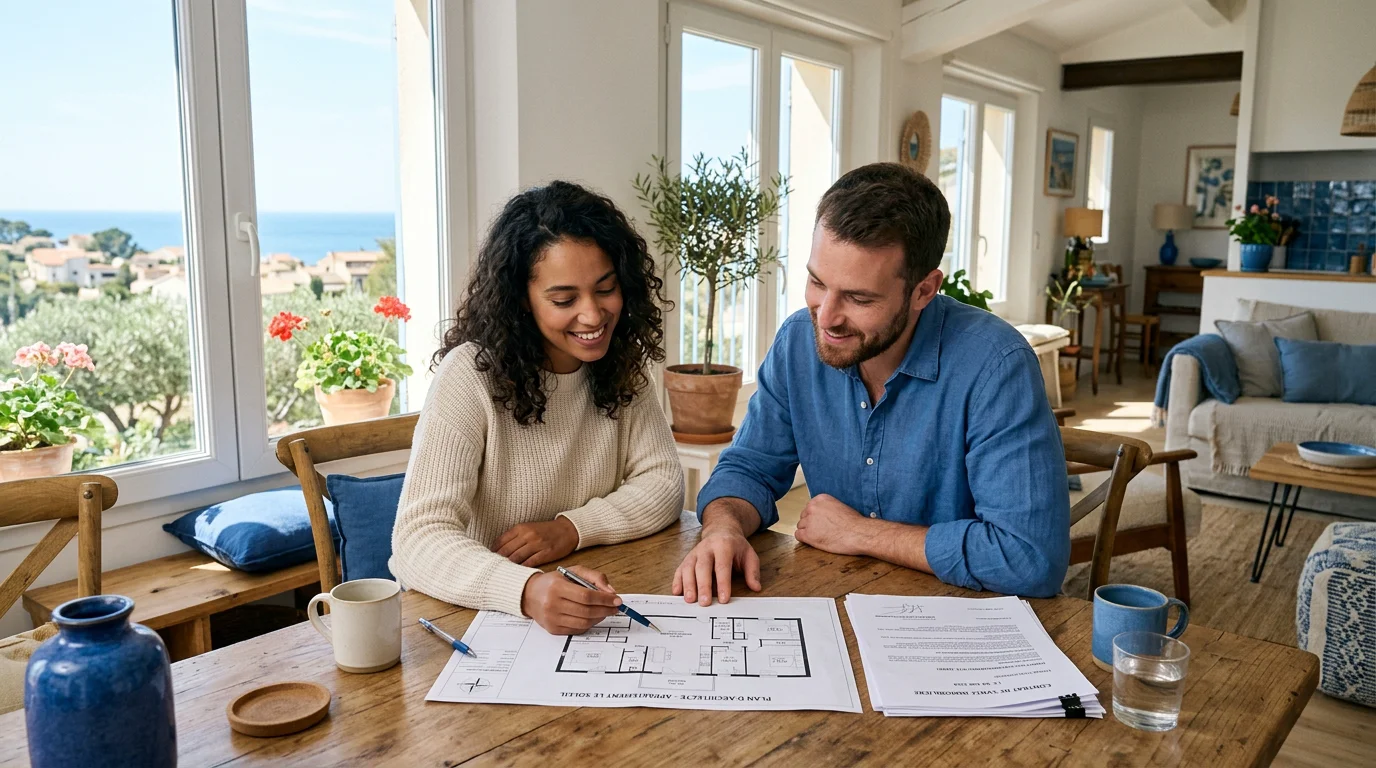 Couple étudiant le financement d'un achat immobilier neuf à Marseille