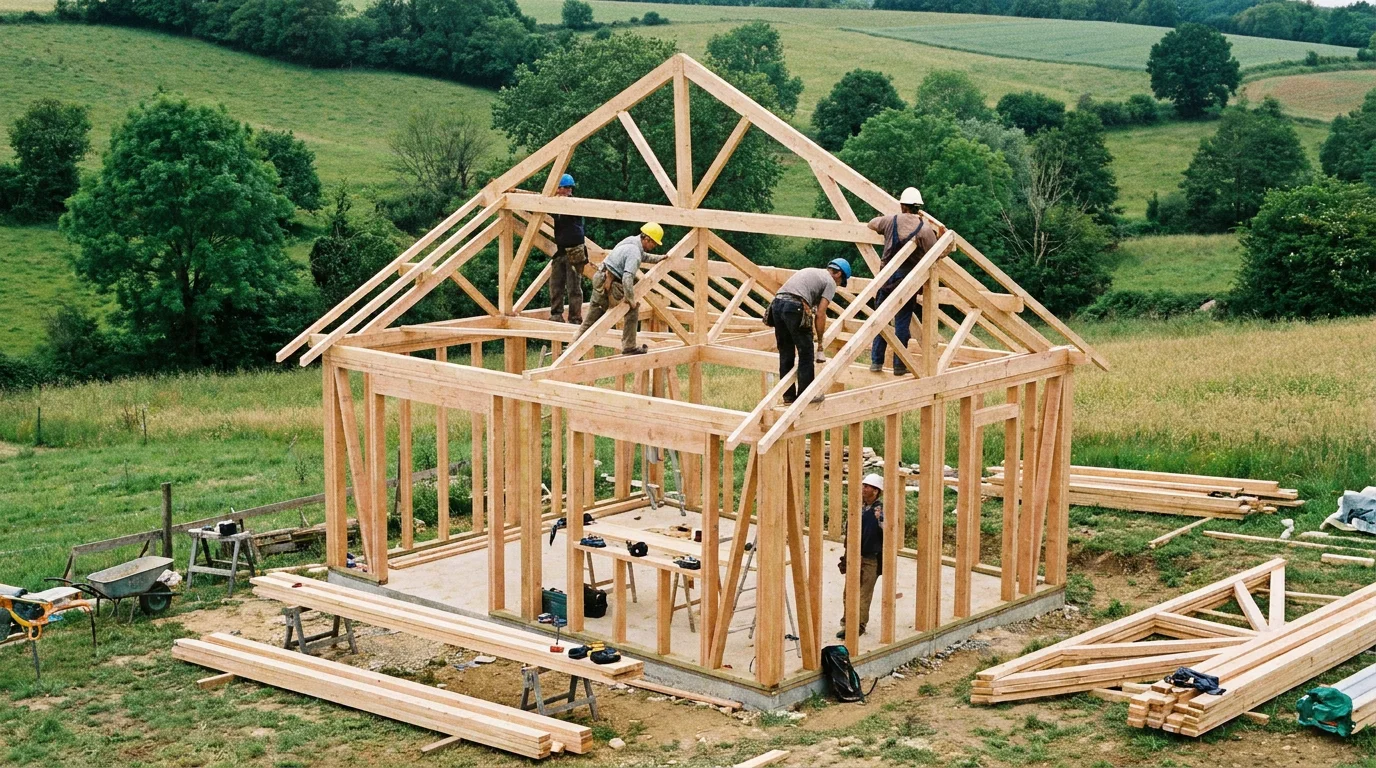 Chantier de construction d'une maison compacte de plain-pied en zone rurale