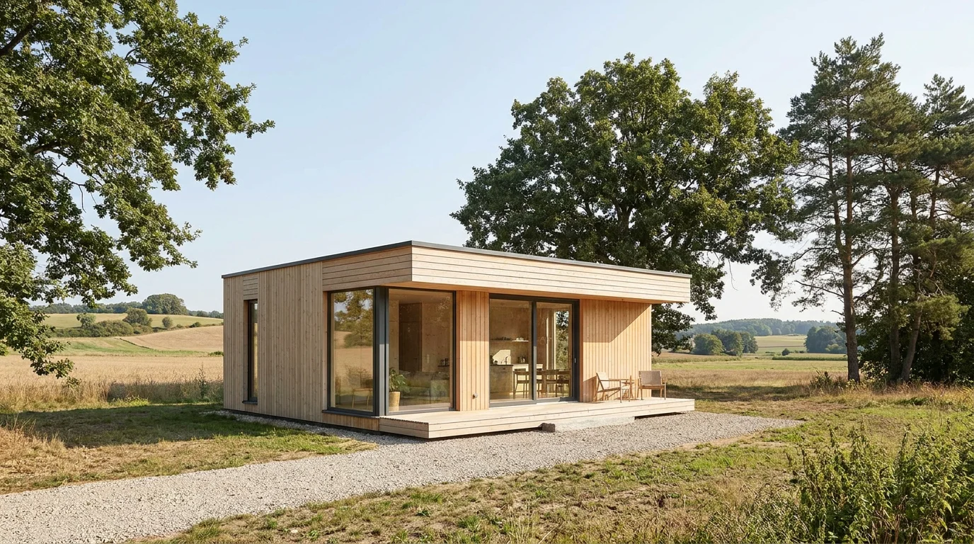 Maison préfabriquée moderne en bois dans un cadre naturel