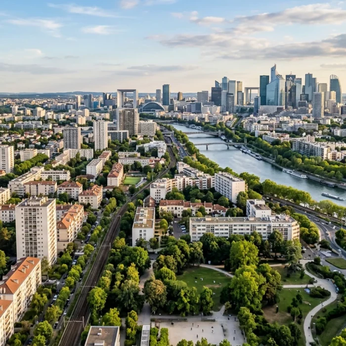 Vue aérienne de Courbevoie avec immeubles neufs et La Défense en arrière-plan