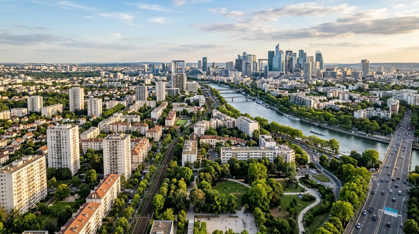 Vue aérienne de Courbevoie avec immeubles neufs et La Défense en arrière-plan