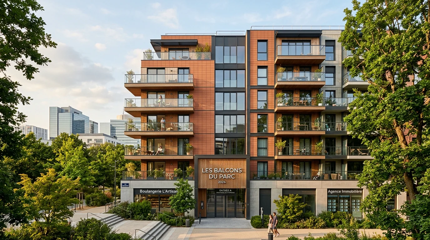 Immeuble neuf contemporain à Courbevoie avec balcons et espaces verts
