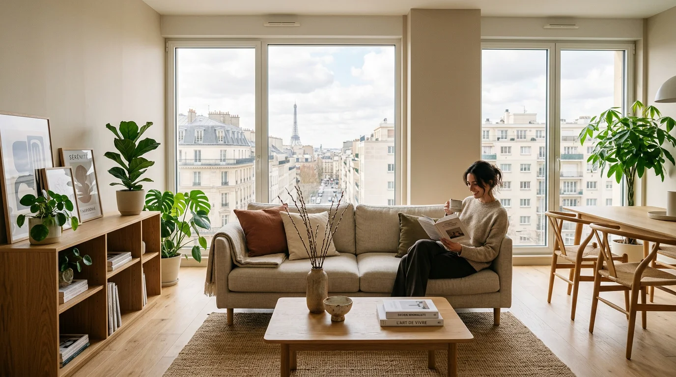 Intérieur lumineux d'un appartement neuf avec vue sur la ville