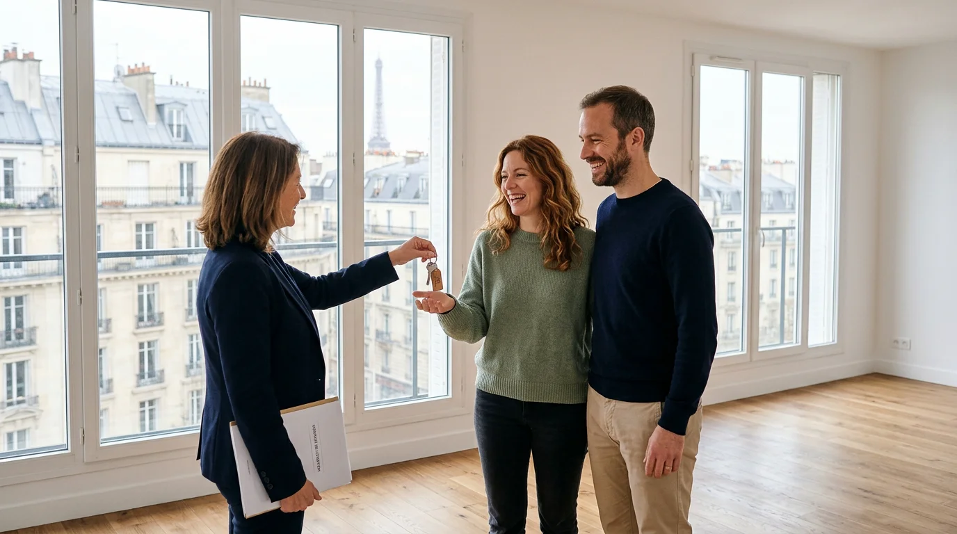 Couple recevant les clés d'un appartement neuf lumineux prêt à habiter