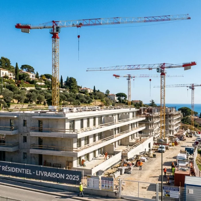 Immeuble d'appartements neufs en construction sur la Côte d'Azur avec grues et ciel bleu