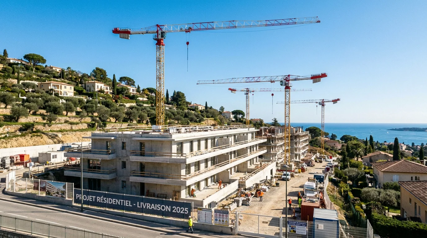 Immeuble d'appartements neufs en construction sur la Côte d'Azur avec grues et ciel bleu
