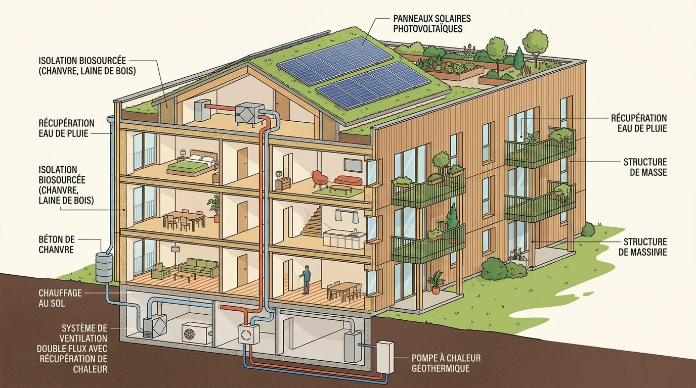 Coupe transversale d'un immeuble neuf conforme à la RE2025 montrant isolation et équipements écologiques