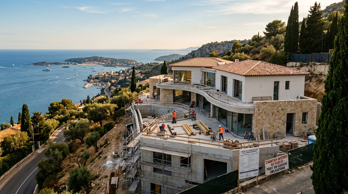 Villa méditerranéenne en construction sur un terrain en pente dans les Alpes-Maritimes