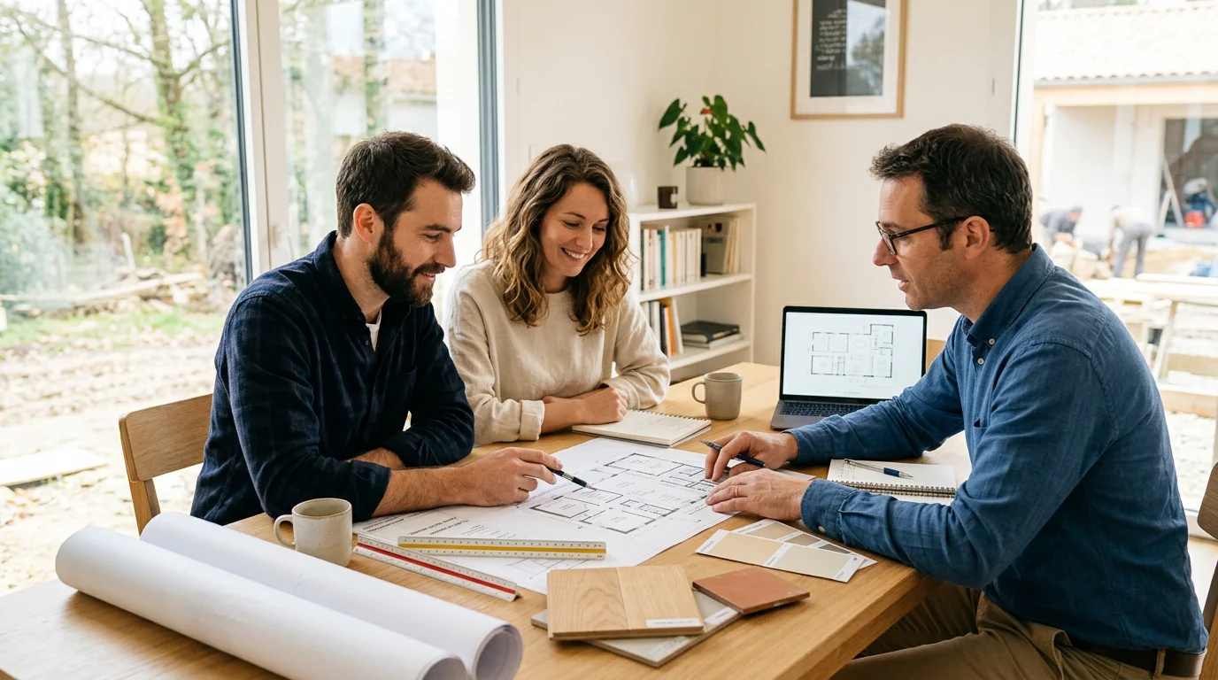 Couple étudiant les plans de construction de sa future maison avec un conseiller