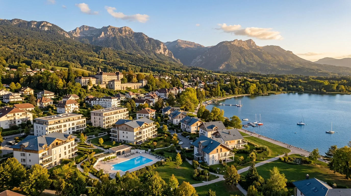 Vue de Divonne-les-Bains avec ses immeubles résidentiels et les montagnes