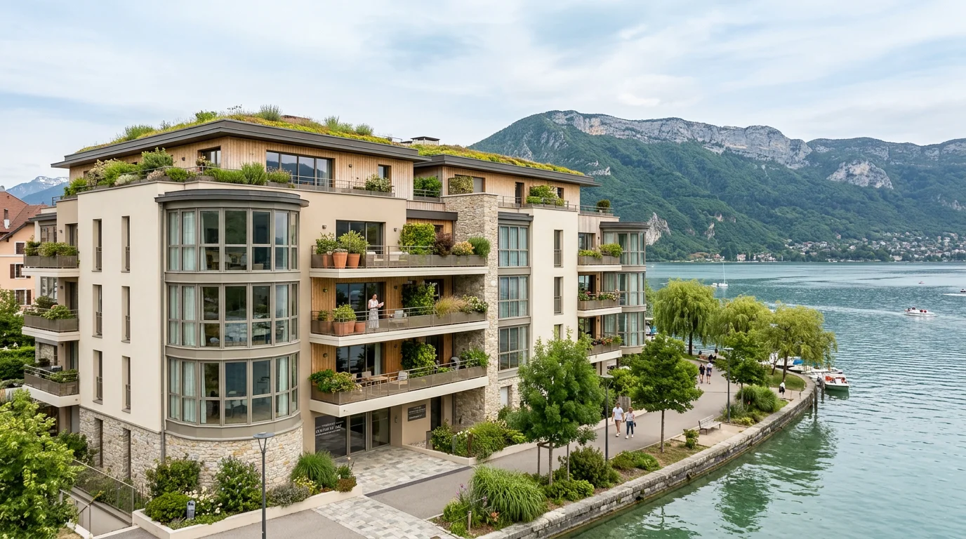 Façade contemporaine d'un immeuble d'appartements neufs à Divonne-les-Bains