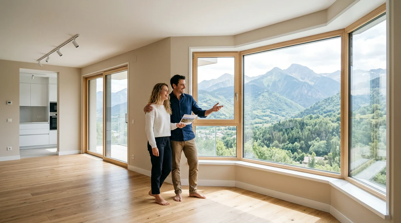 Couple visitant un appartement neuf lumineux à Divonne-les-Bains
