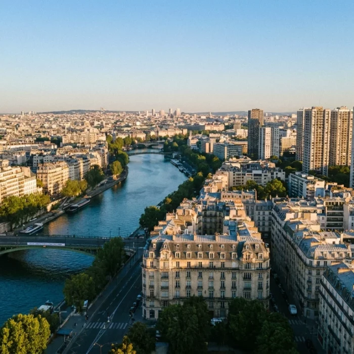 Vue aérienne de Paris mêlant immeubles anciens et résidences neuves contemporaines