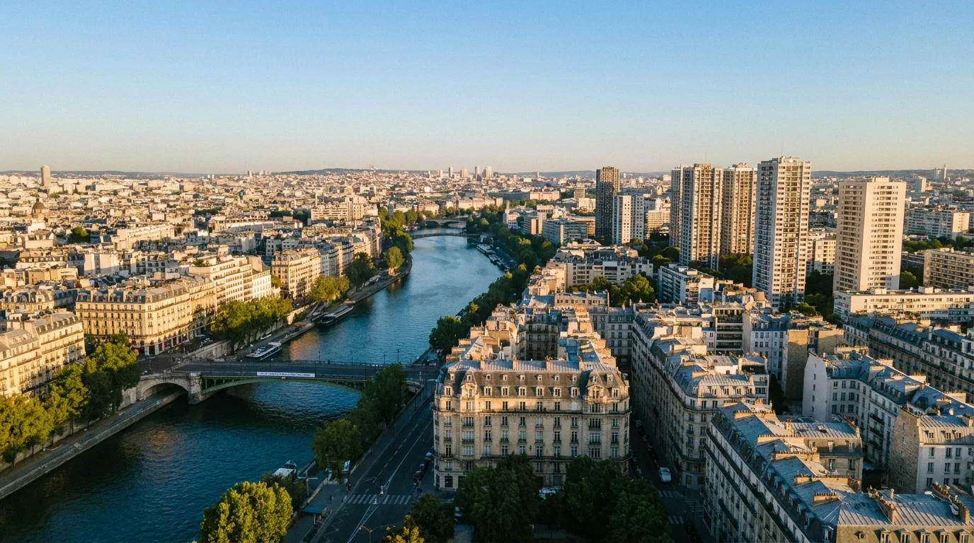 Vue aérienne de Paris mêlant immeubles anciens et résidences neuves contemporaines