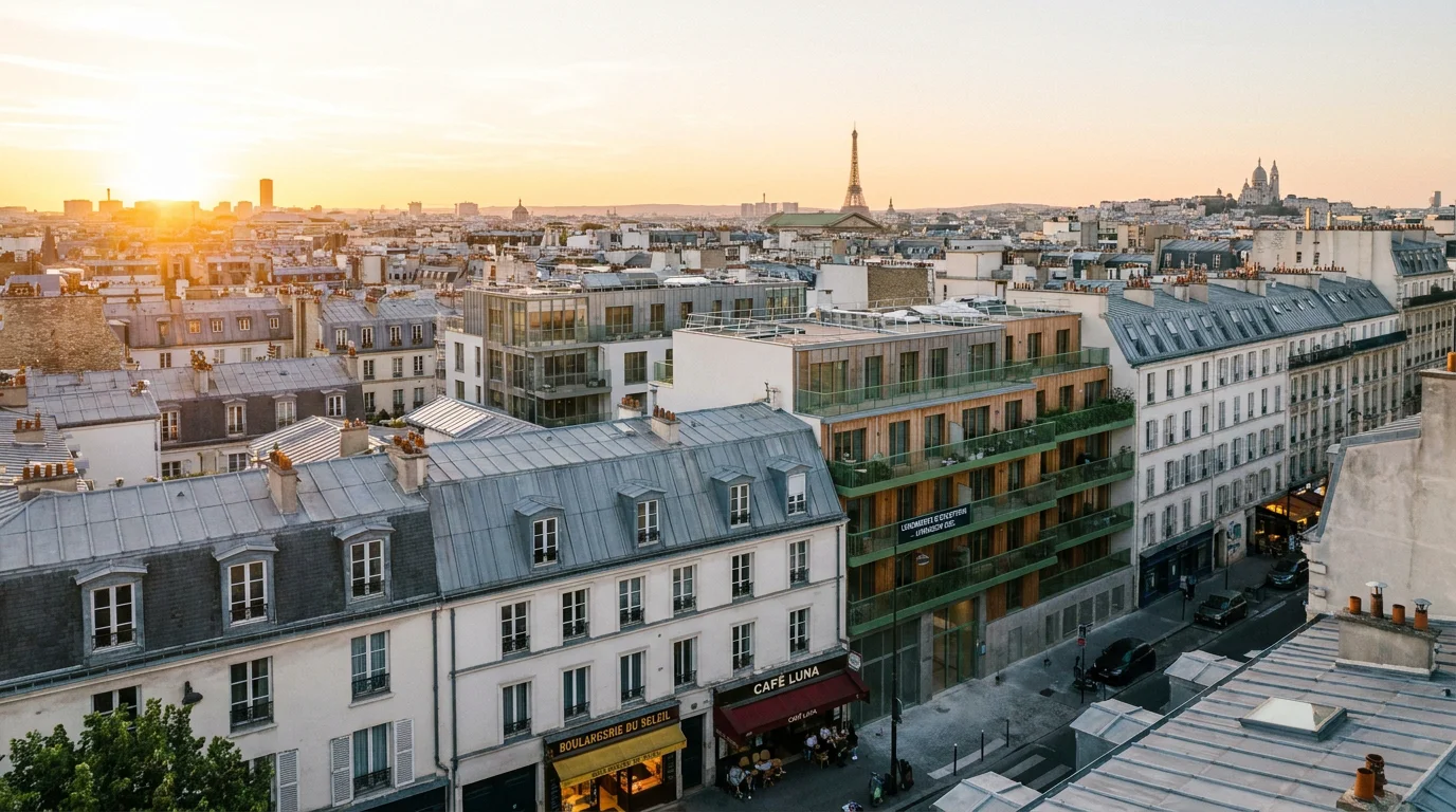 Vue des toits de Paris avec immeubles neufs intégrés au paysage urbain