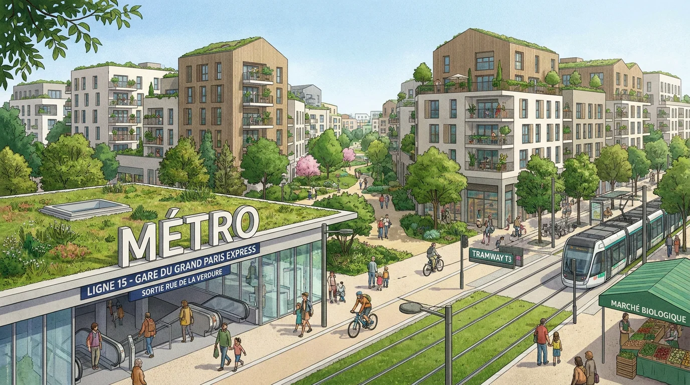 Quartier résidentiel neuf en Île-de-France avec station du Grand Paris Express