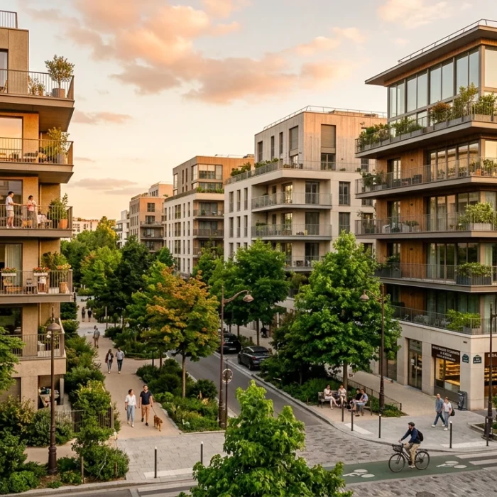 Quartier résidentiel neuf en Île-de-France à la lumière dorée