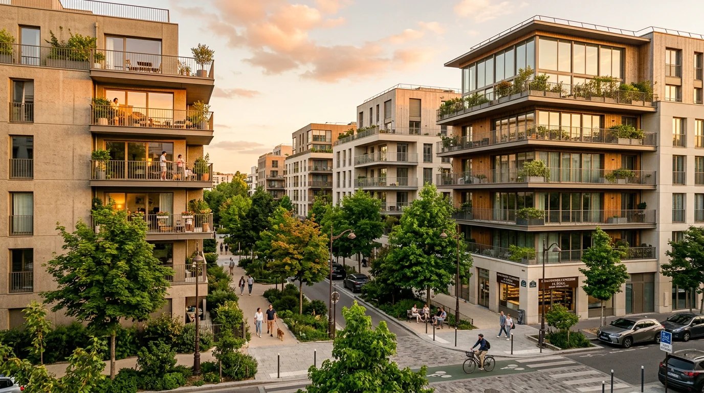Quartier résidentiel neuf en Île-de-France à la lumière dorée
