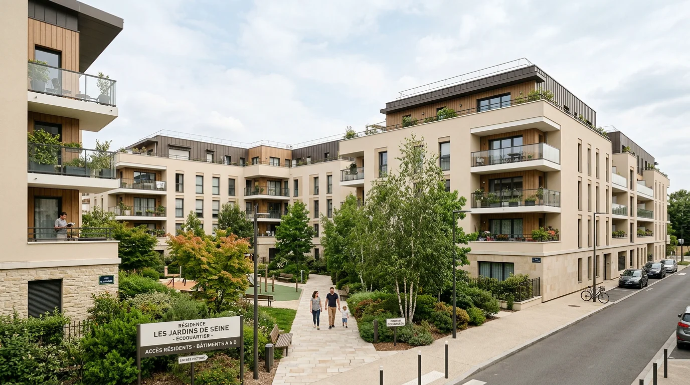 Résidence neuve avec balcons et cour paysagère en Île-de-France